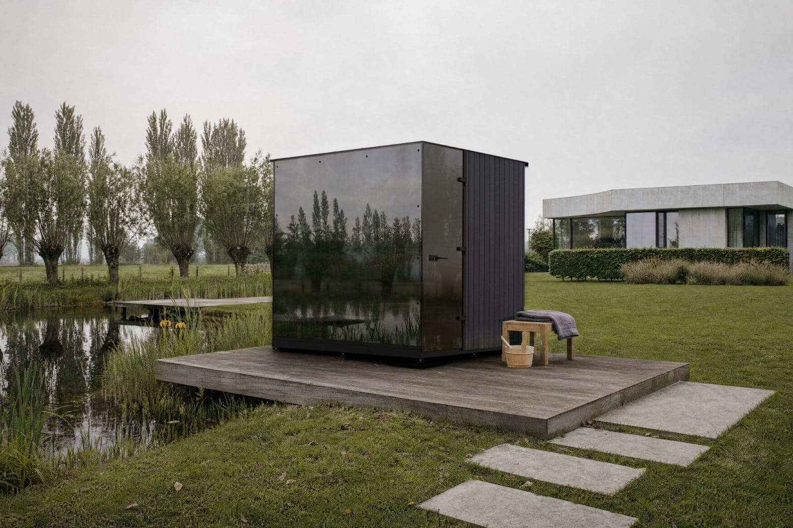 Sauna cubo con vetro fumé su una terrazza in legno accanto a uno stagno, sullo sfondo una casa moderna a tetto piano