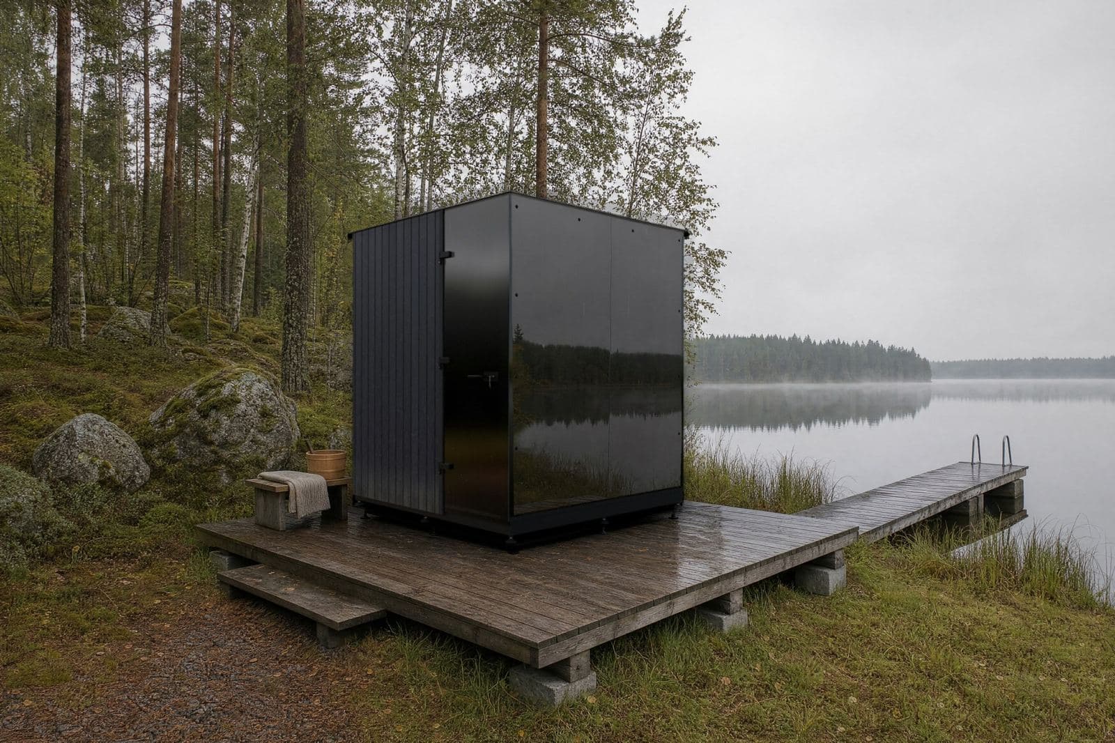 Sauna cubo premontata con vetro scuro su una terrazza in legno vicino a un lago nel bosco e a un pontile