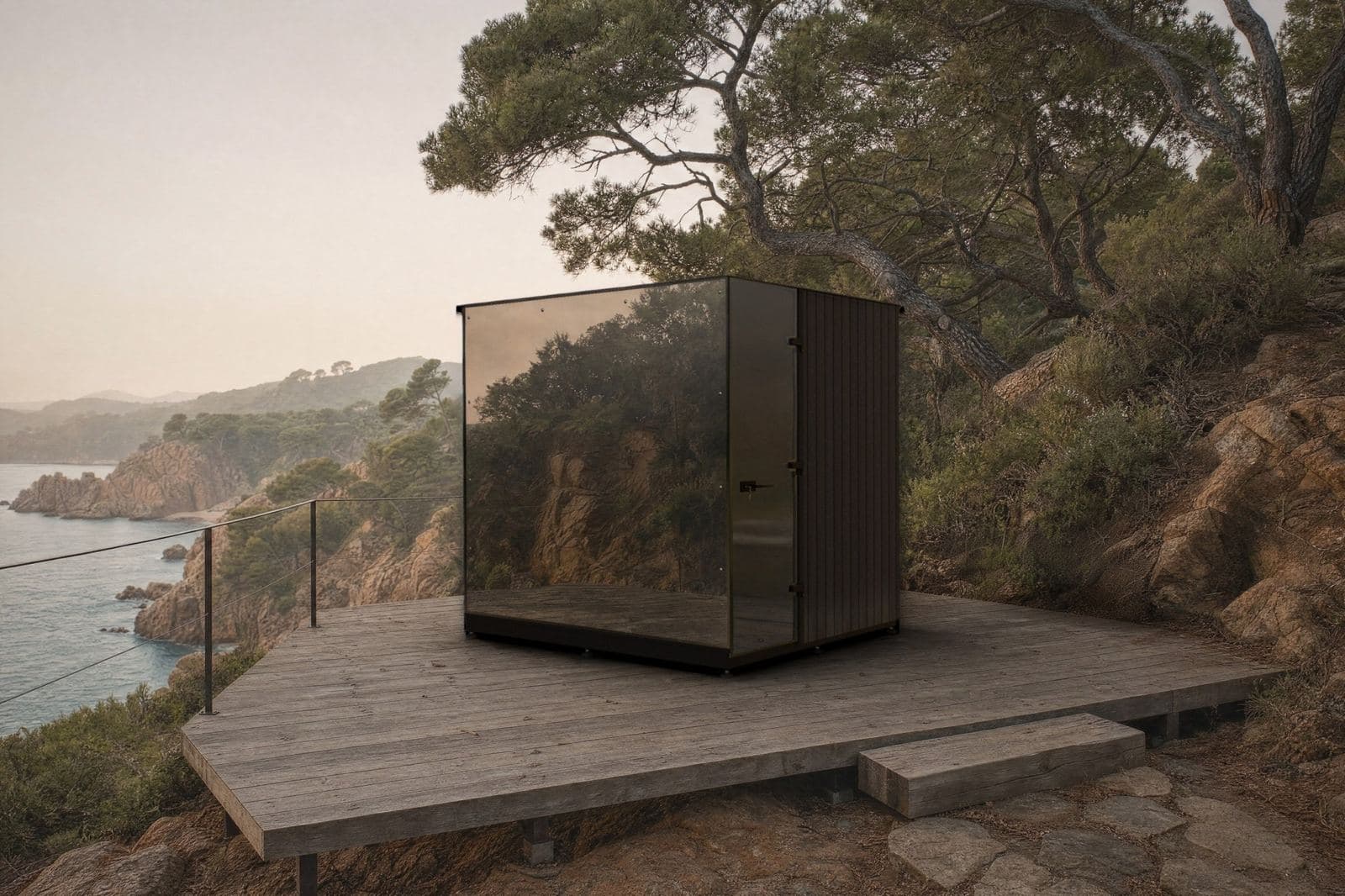 Sauna cubo con vetro a specchio su una terrazza in legno su una costa rocciosa boscosa, in lontananza il mare e le colline