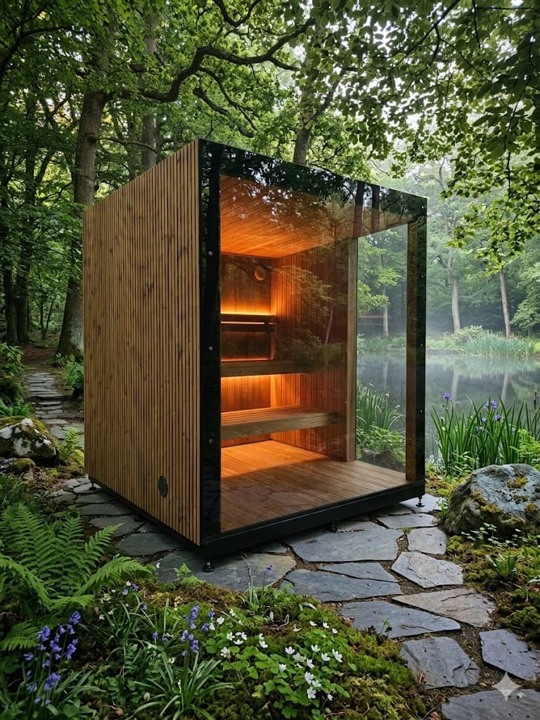Luxury outdoor sauna cabin in wildflower meadow with lake and mountain views