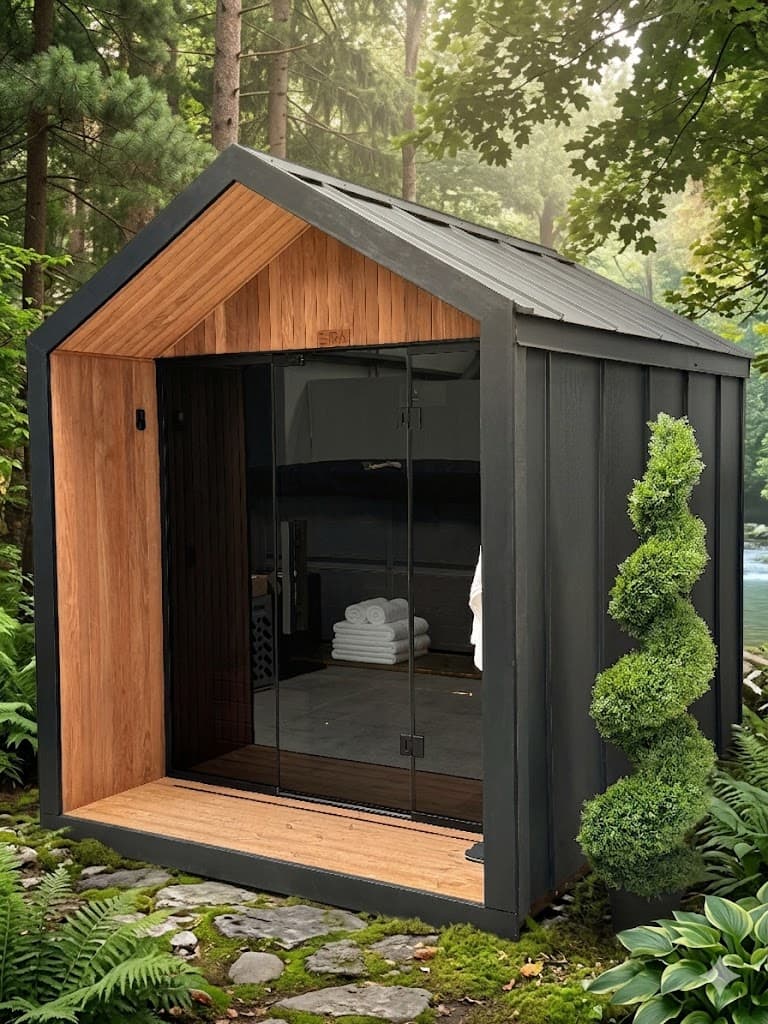 Modern dark cabin sauna with panoramic glass door in forest setting